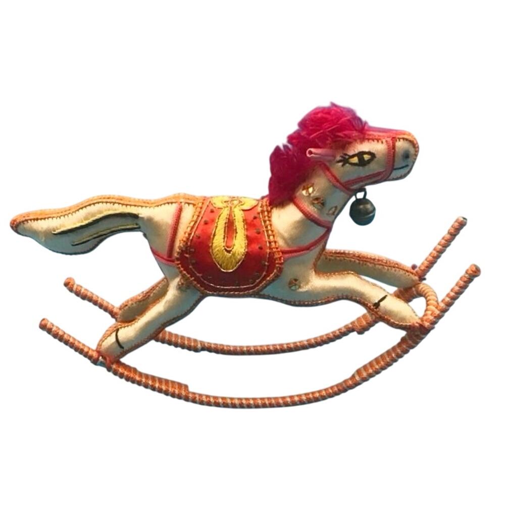 Vintage Rocking Horse Ornament • Silk Embroidery • Bell Accent • 4.5” x 5.5”